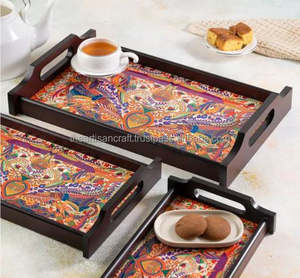 Juego de 3 bandejas de madera pulida con decoración de ágata de estilo náutico Artesanía Mesa de comedor Almacenamiento de servicio Uso Recuerdo romántico - Product Image 3