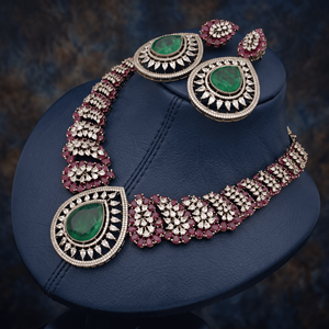 Antique Gold Tone Emerald Ruby Crystal <b>Choker</b> Necklace Set <b>for</b> <b>Women</b> Traditional Wedding Party Festive Jewelry Collection - Product Image 3