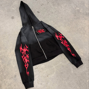<b>Men's</b> Black Hooded Zipper <b>Sweatshirt</b> <b>Red</b> Flame Print French Terry Streetwear Regular Fit Autumn Wear - Product Image 1