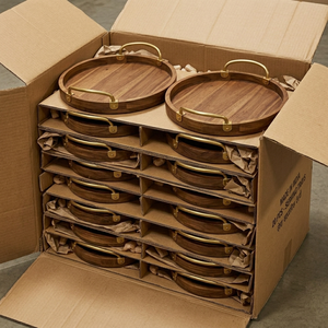 Plateau rond en bois d'acacia avec poignées dorées, grand plateau de service en bois, vaisselle décorative de luxe pour restaurants, plateaux écologiques - Product Image 6