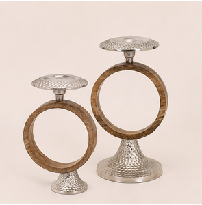 Luxury Handcrafted Pillar Candle Holder Set With Hammered Metal Base and Decorative Wooden Ring Modern Geometric Candle <b>Stand</b> - Product Image 5