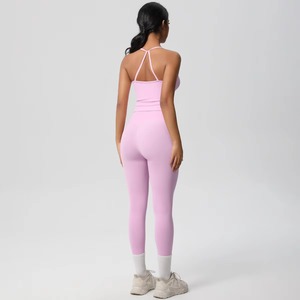Ensemble de sport deux pièces respirant avec soutien-gorge dos nu uni et leggings taille haute froncés pour le yoga et le fitness - Product Image 5