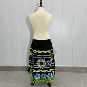 Wholesale Traditional Floral Embroidery Black Skirt Women <b>Elastic</b> Waist Boho Summer Midi Dress Ethnic Leaf Pattern Casual Skirts - Product Image 2