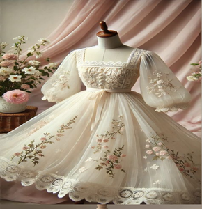 Vestido de novia de encaje color marfil con mangas abullonadas y corte en A, con detalles delicados, disponible a precios de mayorista para novias. - Product Image 1