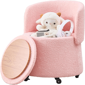 Comodo Pouf Rotondo Convertibile con Copertura in Velluto Teddy Rosa e Ruote per Uso come Sgabello da Toeletta o in Cucina - Product Image 1