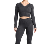 Conjunto Deportivo Ecológico y Transpirable para Mujer, Top Corto de Manga Larga con Cuello Redondo y Orificios para Pulgares, Corte Regular, Spandex/Poliéster de Secado Rápido