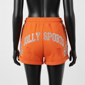 Shorts de mujer de felpa de algodón y poliéster premium, estilo desgastado, con pedrería y logotipo personalizado por transferencia térmica. - Product Image 3