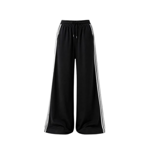 Pantalon de survêtement noir à jambes larges avec bande latérale, taille élastique et cordon de serrage, décontracté, en polyester tricoté pour l'automne - Product Image 3
