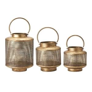 Ensemble de 3 lanternes à bougies en métal antique de style mid-century modern, forme ronde, design en filet avec poignée gravée, décorations de Noël - Product Image 2