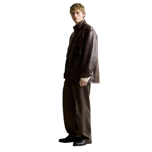Blouson utilitaire homme en cuir véritable marron foncé, col montant, fermeture éclair dissimulée, patte de boutonnage à pression, multiples poches à rabat, coupe décontractée - Product Image 5