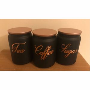 Juego de Recipientes de Almacenamiento para Cocina en Negro Mate Moderno |   Contenedor de Alimentos de Porcelana con Tapa de Cobre Dorado Rosa, Organizador de Especias y Granos de Café de 3 Piezas - Product Image 1