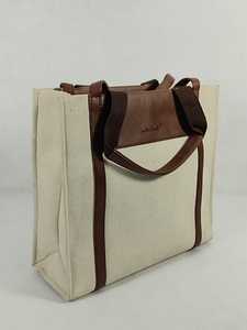 Premium <b>Canvas</b> <b>Tote</b> Shopping <b>Bag</b> with Stylish Brown Pu Leatherite Top Panel, Durable Pu Leatherite Trim and Handles - Product Image 2