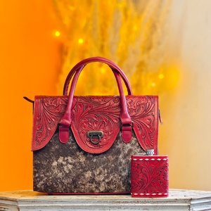 Nuevo Bolso Tote de Cuero Genuino 100% con Diseño Floral Tallado a Mano, con Pelo de Piel, para Mujer, Multiusos - Product Image 2