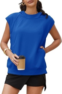 Sudadera con capucha de manga corta para mujer, top informal de punto de algodón de color liso con bolsillos, azul - Product Image 5