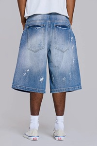 CONX Short en jean déchiré 100 % coton pour homme, taille mi-haute, entrejambe bas, style streetwear, idéal pour l'été - Product Image 6