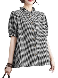 Mùa Hè Kiểm Tra Áo Phụ Nữ Thanh Lịch Phun Tay Áo Áo Sơ Mi Cổ Điển Lưới In Áo O Cổ Làm Việc Áo Giản Dị Lỏng Áo Sơ Mi - Product Image 6