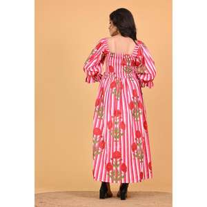 Robe longue maxi bohème en coton indien à imprimé floral pour femmes, robe de soirée d'été à manches longues smockées - Product Image 4