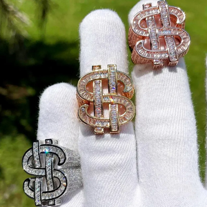 Rose <b>Gold</b> Plated 925 Silver Dollar Sign <b>Cocktail</b> <b>Ring</b> Brilliant Cut Moissanite Channel Setting Unisex Hip Hop Statement Jewelry - Product Image 1