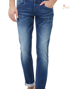 กางเกงยีนส์เดนิมทรงตรงสไตล์ญี่ปุ่นสำหรับผู้ชายสุดเท่ สีเข้ม ล้างสีแบบดาร์กวอช พร้อมกระเป๋าปักโลโก้ตามสั่ง - Product Image 1