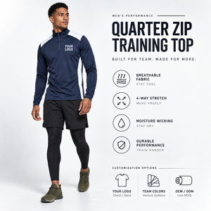 Men's Quarter <b>Zip</b> Training Top Regular Fit Breathable Quick Dry 100% Cotton Sporty Front Logo Stand Collar Eco-Friendly Pocket - Product Image 5