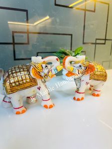 Handmade Painted Stone <b>Elephant</b> Figurine Pair Feng Shui Home <b>Decoration</b> White Gold Orange <b>Decorative</b> Statues - Product Image 4