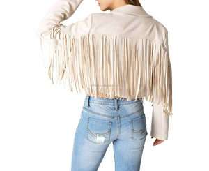 Ivory Vintage Suede Leather <b>Fringe</b> Tassel Crop Women's <b>Jackets</b> Boho Western Cowboy Style Long Sleeve Lapel Autumn Breathable - Product Image 5