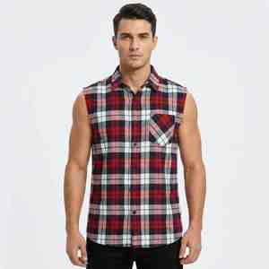 Top Quality Loose Fit Men's Ribbed Sleeveless Plaid Flannel Shirt Casual Button Down With Chest Pockets Breathable Cotton Shirt - Product Image 4