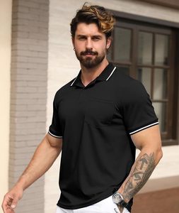 Polo en piqué noir à manches courtes pour homme, couleur unie, boutons sur le devant, design décontracté avec poche, coupe classique, en coton tricoté - Product Image 2