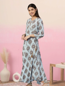 Kurta pour femme en rayonne bleue, imprimé Buta, style Angrakha, avec col en V, manches trois-quarts, vêtement ethnique décontracté de style mondial - Product Image 2