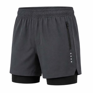 Shorts de sport pour hommes, gris uni, taille élastique, séchage rapide, en polyester tricoté, mi-longueur, avec poche zippée - Product Image 1