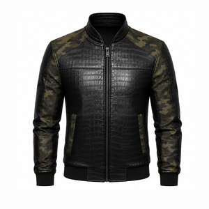 <b>Mens</b> Black Crocodile Embossed Faux <b>Leather</b> <b>Jacket</b> with Camouflage Sleeves OEM ODM Custom Logo Private Label Wholesale Outerwear - Product Image 1
