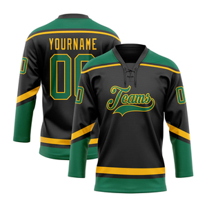 Maillot de hockey sur glace personnalisable imprimé pour équipes – Vert, Noir, Jaune – Col en V, Manches longues, Séchage rapide, Respirant, Anti-humidité - Product Image 1