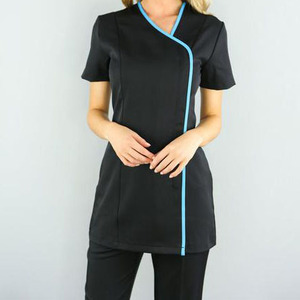 Unisex <b>Black</b> Short Sleeve Scrub Top with Blue Trim Breathable Cotton Spandex Uniform for Adults Custom Logo - Product Image 2