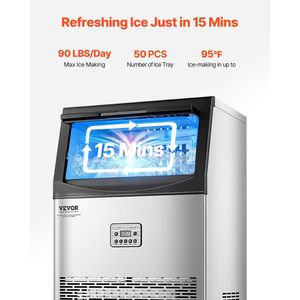 Attrezzatura di Refrigerazione per Cucine Commerciali, Macchina per il Ghiaccio 90lbs/24H, Capacità di Stoccaggio 33lbs, 50 Cubetti di Ghiaccio in 15 Minuti, Display LED Digitale - Product Image 2