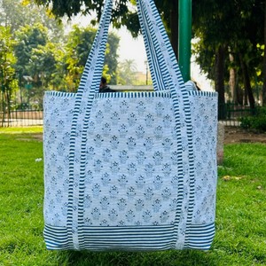 Eco-Friendly Quilted Cotton Zipper Tote Bag Large Vintage Block Printed <b>Boho</b> Hand Travel Sturdy Sustainable for Grocery Open - Product Image 4