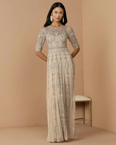 Elegant Sheath <b>Gown</b> <b>Floor</b>-<b>Length</b> Beaded O-Neck Three Quarter Sleeve Satin Natural Waistline Anti-Wrinkle Evening Dress - Product Image 1