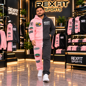 Conjunto Deportivo Rexfit 2026, Sudadera con Capucha y Cremallera en Bloques de Color Rosa y Negro, Personalizable, para Hombre, con Pantalones Jogger a Juego - Product Image 4