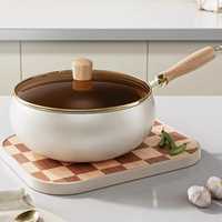 Set Peralatan Masak Logam Anti Lengket Modern dengan Gagang Kayu, Kompatibel Induksi, Panci dan Wajan Portabel, Set Peralatan Masak Dapur