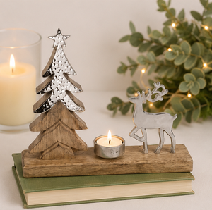 Handmade Silver Metal Reindeer & <b>Christmas</b> <b>Tree</b> Tealight Candle Holder Solid Mango Wood Base Festive Winter <b>Table</b> Centerpiece - Product Image 2