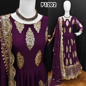 ชุดทำงานปักลายผ้าจอร์เจียสำหรับนักออกแบบใหม่ด้านล่างพร้อมไวน์ dupatta - Product Image 1