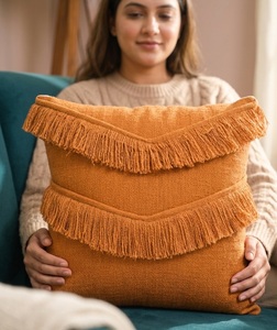 Abstract India Boho Orange Geometric Embroidery Cushion <b>Cover</b> with Frill Border Anti Dust Mite Zipper Closure for <b>Sofa</b> <b>Bed</b> Decor - Product Image 1