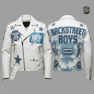 Blouson de motard rétro en cuir de vachette matelassé, style pop des années 90, avec patchwork en jean vintage, vêtement de fan personnalisé pour concert de groupe - Product Image 1