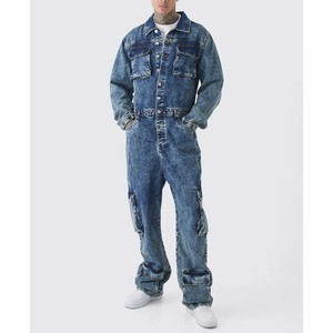 Salopette en jean bleu pour homme, couleur unie, coupe ample, style décontracté, effet délavé, pantalon de travail pour l'automne - Product Image 1