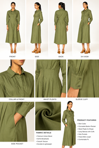 Robe chemise plissée vert olive pour femme |   Robe midi décontractée à manches longues et col, en mélange de coton, style A-line, pour le travail ou les loisirs - Product Image 4