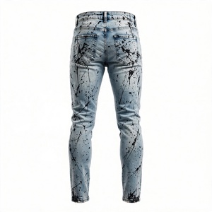 Achetez des jeans en denim délavé pour hommes, peints à la main avec des éclaboussures, coupe slim droite, taille mi-haute, en coton, pantalons décontractés de BD - Product Image 6