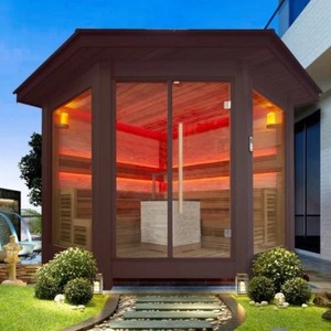 Sauna contemporánea estilo gazebo con vidrio panorámico, cabina de sauna de madera de cedro resistente a la intemperie para patio trasero y jardín - Product Image 1