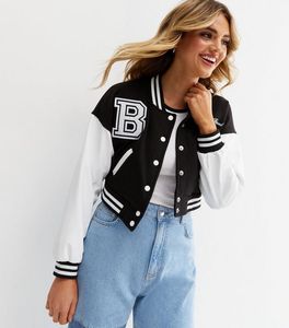 Veste universitaire unisexe noire et blanche à blocs de couleur avec fermeture éclair, col rabattu, style preppy, pour l'automne - Product Image 5