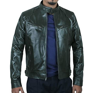 Blouson moto en cuir PU pour homme, col montant, fermeture éclair, couleur unie, style motard, coupe classique, idéal pour l'automne - Product Image 1
