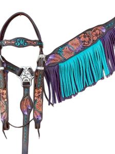 Púrpura y turquesa con flecos para caballos, juego de tachuelas, placa de pecho, cuero genuino, artículos ligeros de temporada para montar a caballo - Product Image 2