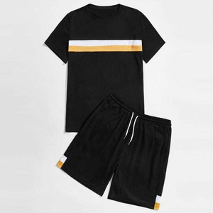 Conjunto Deportivo Unisex de Algodón Negro, Camiseta de Manga Corta con Cuello Redondo y Rayas de Color, Pantalones Cortos con Cordón, Ropa Casual de Verano - Product Image 3